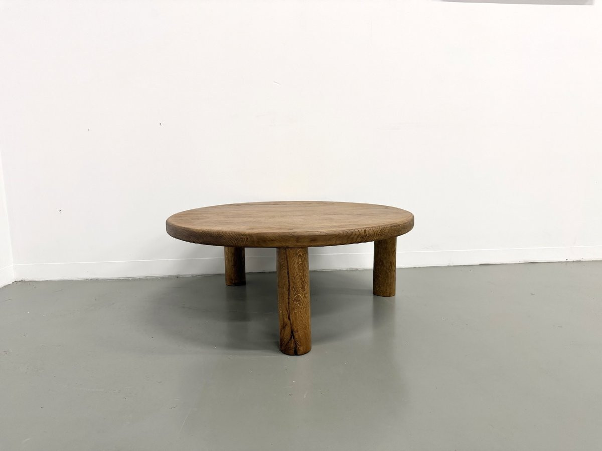 Table basse moderniste tripode en chêne massif, DLG Perriand, Chapo, années 50-photo-8