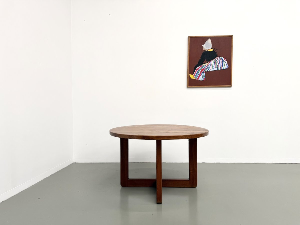 Table ronde moderniste en orme massif, piètement croisé, DLG Perriand, Chapo, années 50-60-photo-2