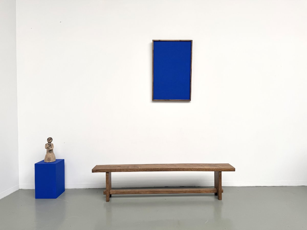 Banc de ferme moderniste en chêne massif, années 50-photo-2