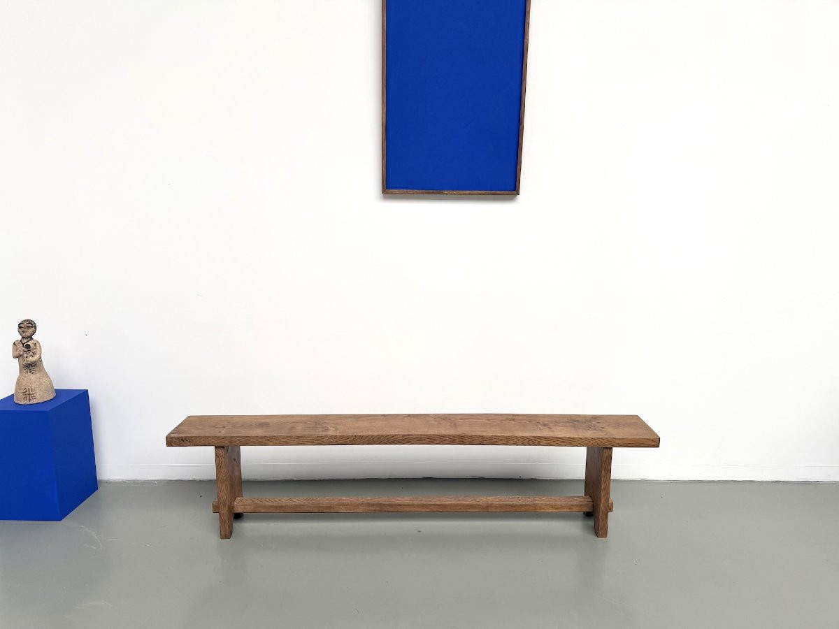 Banc de ferme moderniste en chêne massif, années 50-photo-3
