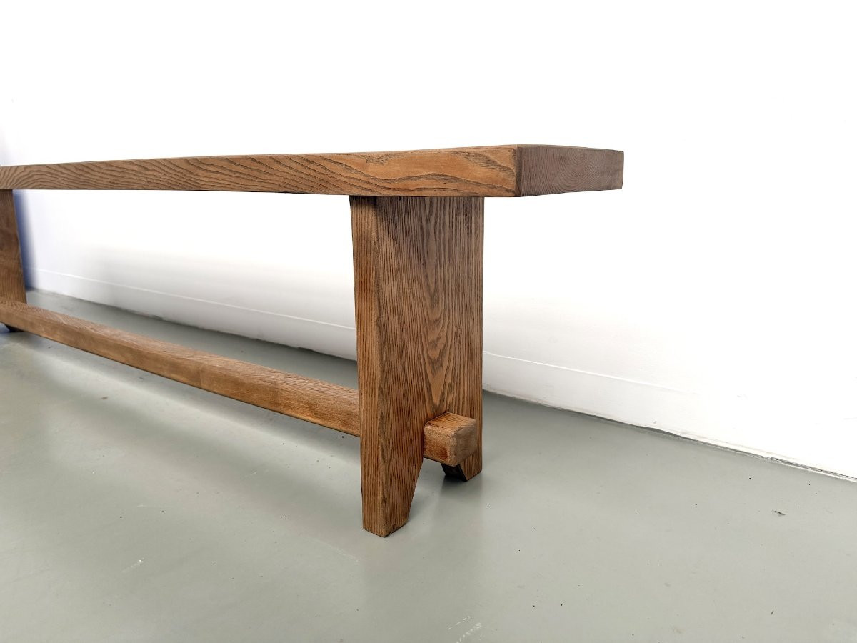 Banc de ferme moderniste en chêne massif, années 50-photo-2