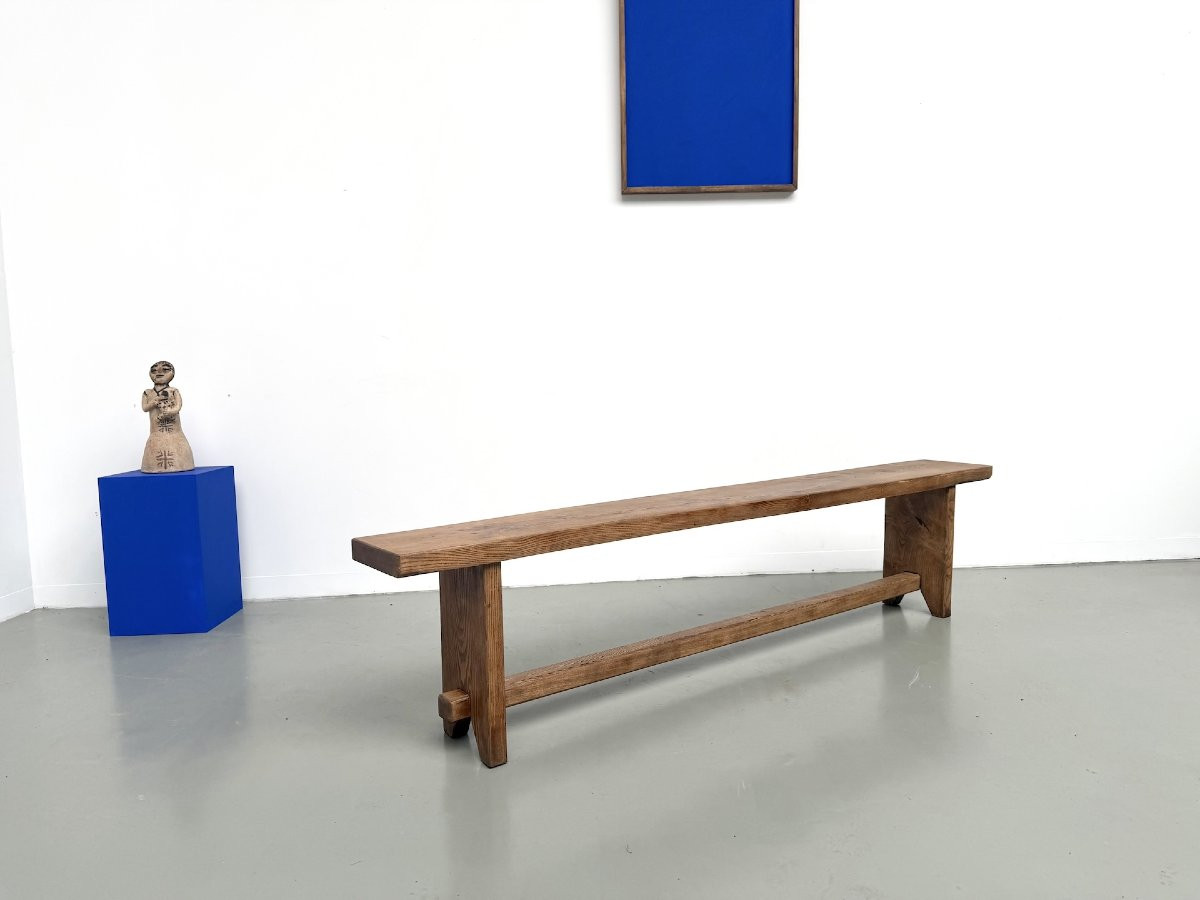 Banc de ferme moderniste en chêne massif, années 50-photo-6