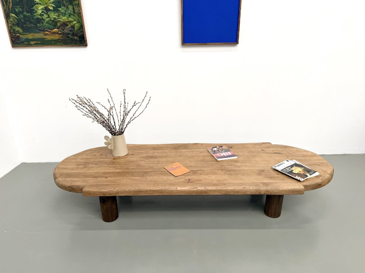 Table basse XXL ovale en chêne massif, piètement cylindrique, années 50-photo-1