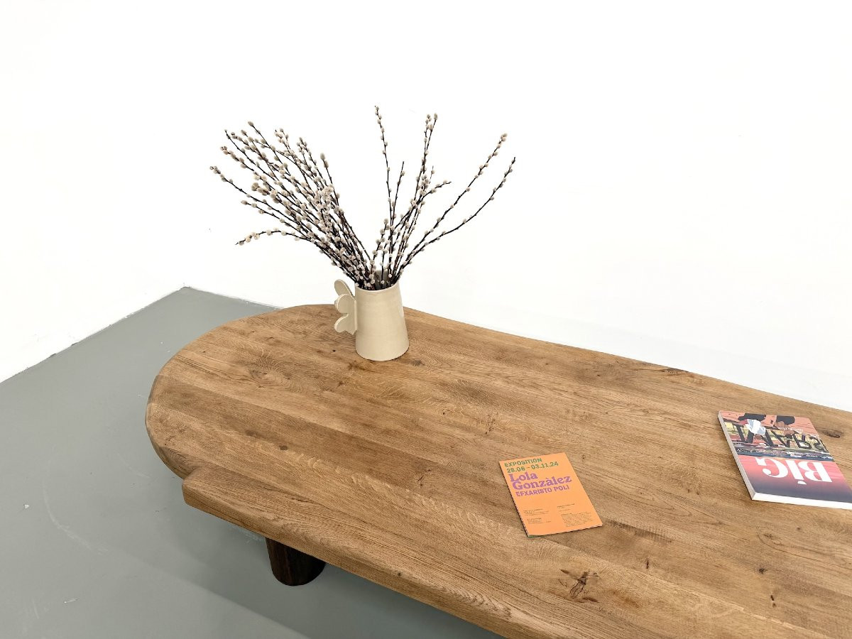 Table basse XXL ovale en chêne massif, piètement cylindrique, années 50-photo-3