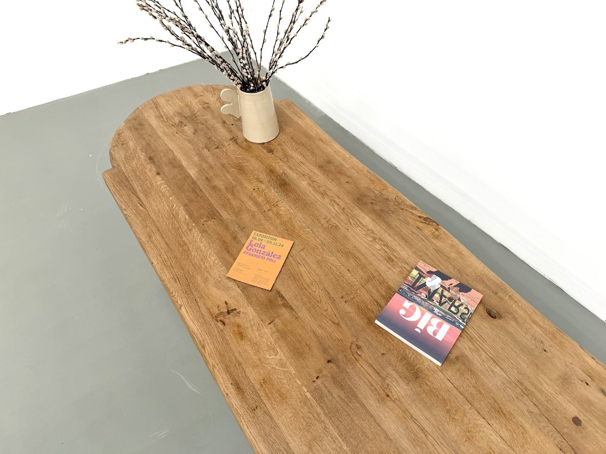 Table basse XXL ovale en chêne massif, piètement cylindrique, années 50-photo-6