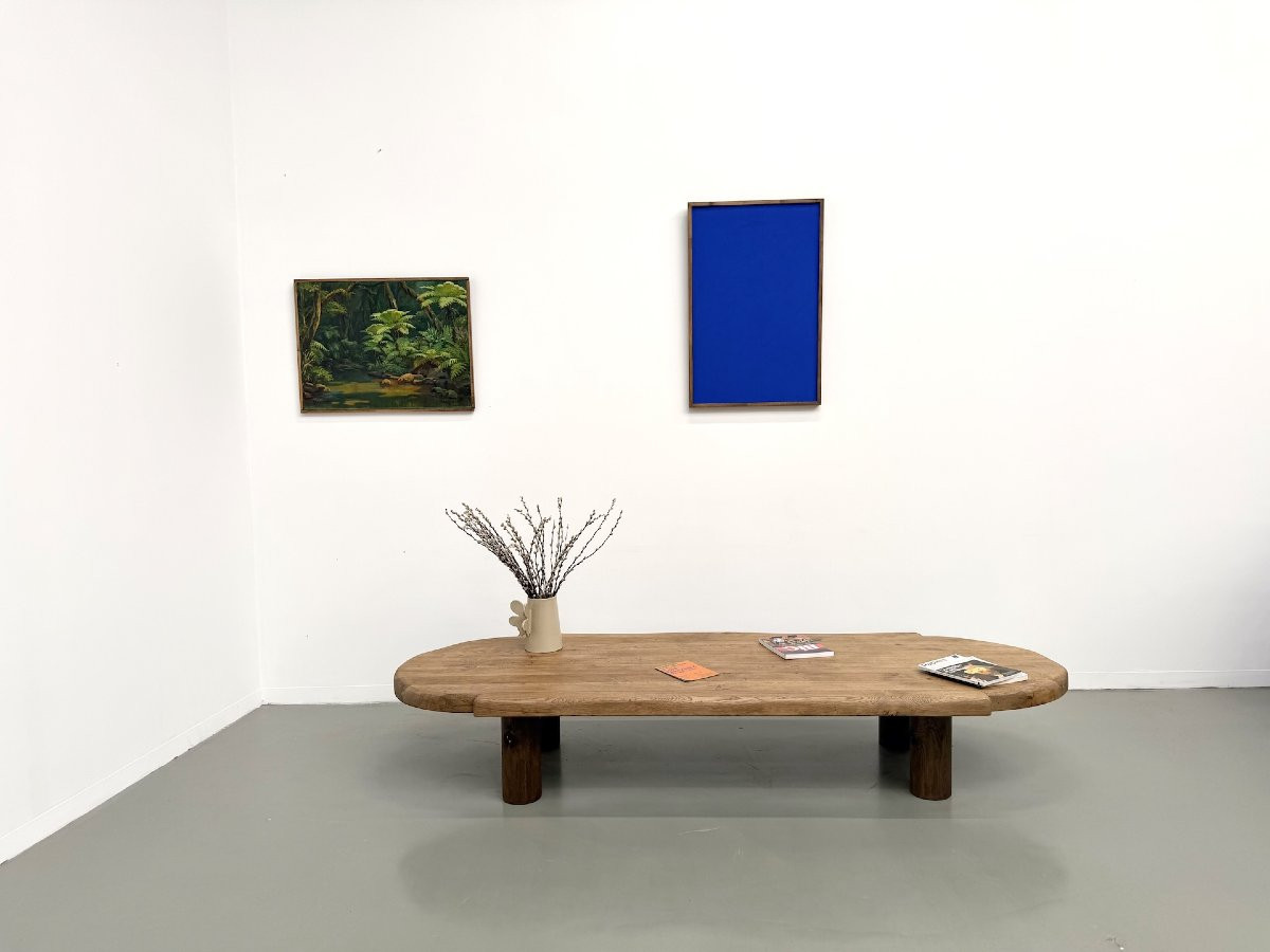 Table basse XXL ovale en chêne massif, piètement cylindrique, années 50-photo-7