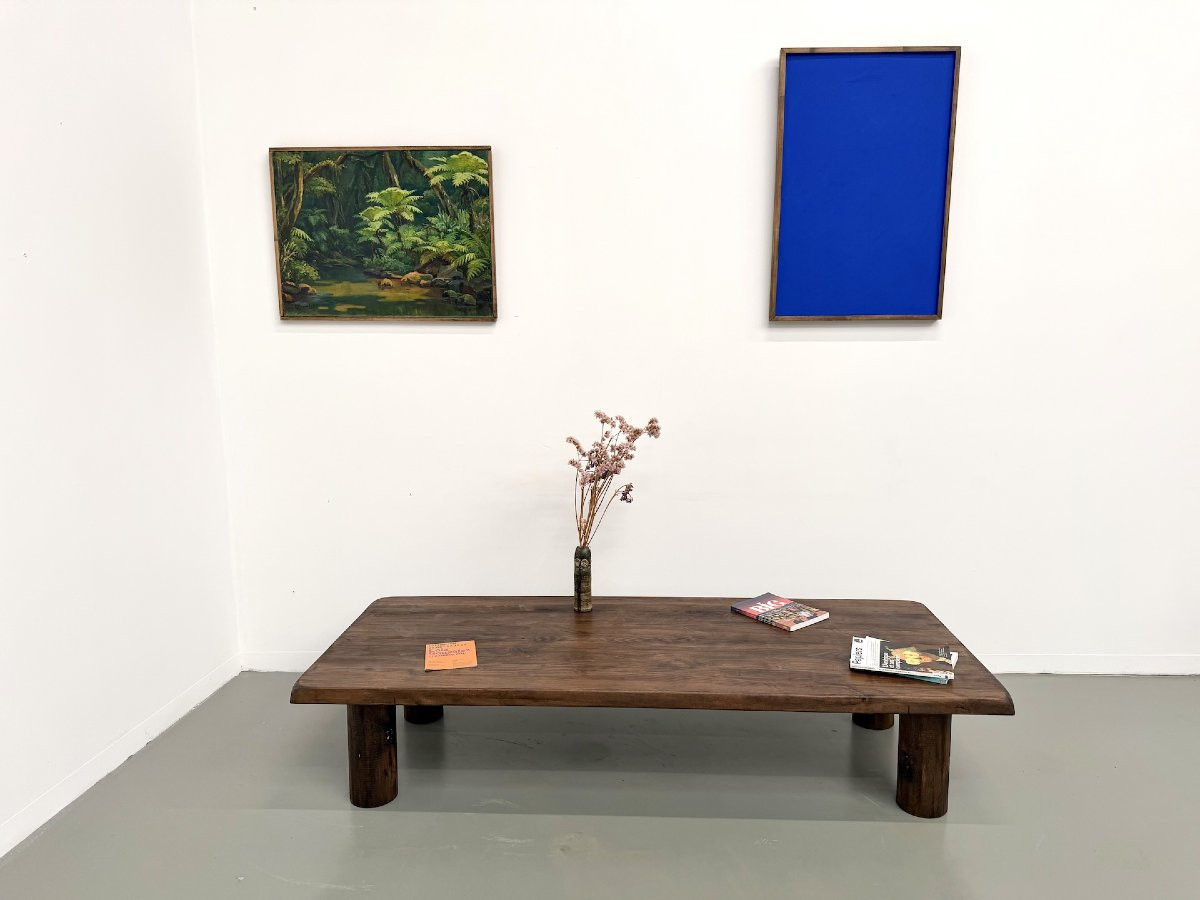 Modernist Coffee Table In Solid Elm, Cylindrical Pine Base, 1970s-photo-1