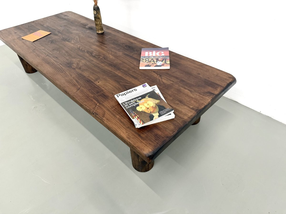 Modernist Coffee Table In Solid Elm, Cylindrical Pine Base, 1970s-photo-3