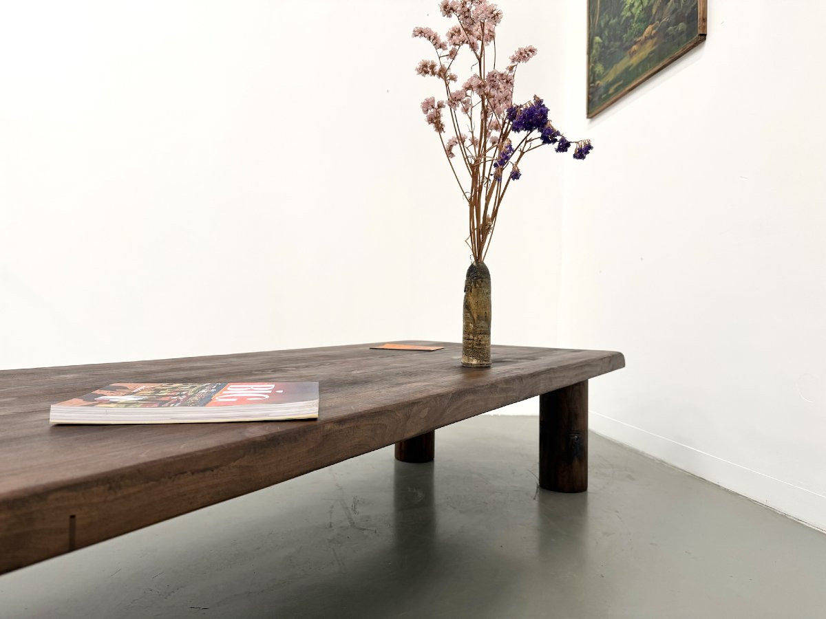 Modernist Coffee Table In Solid Elm, Cylindrical Pine Base, 1970s-photo-7