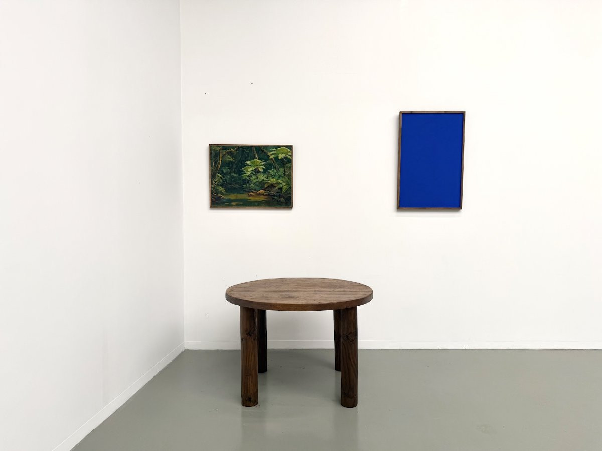 Round Modernist Table In Solid Oak, Cylindrical Pine Base, Dlg Perriand, Chapo, 1950s-photo-2