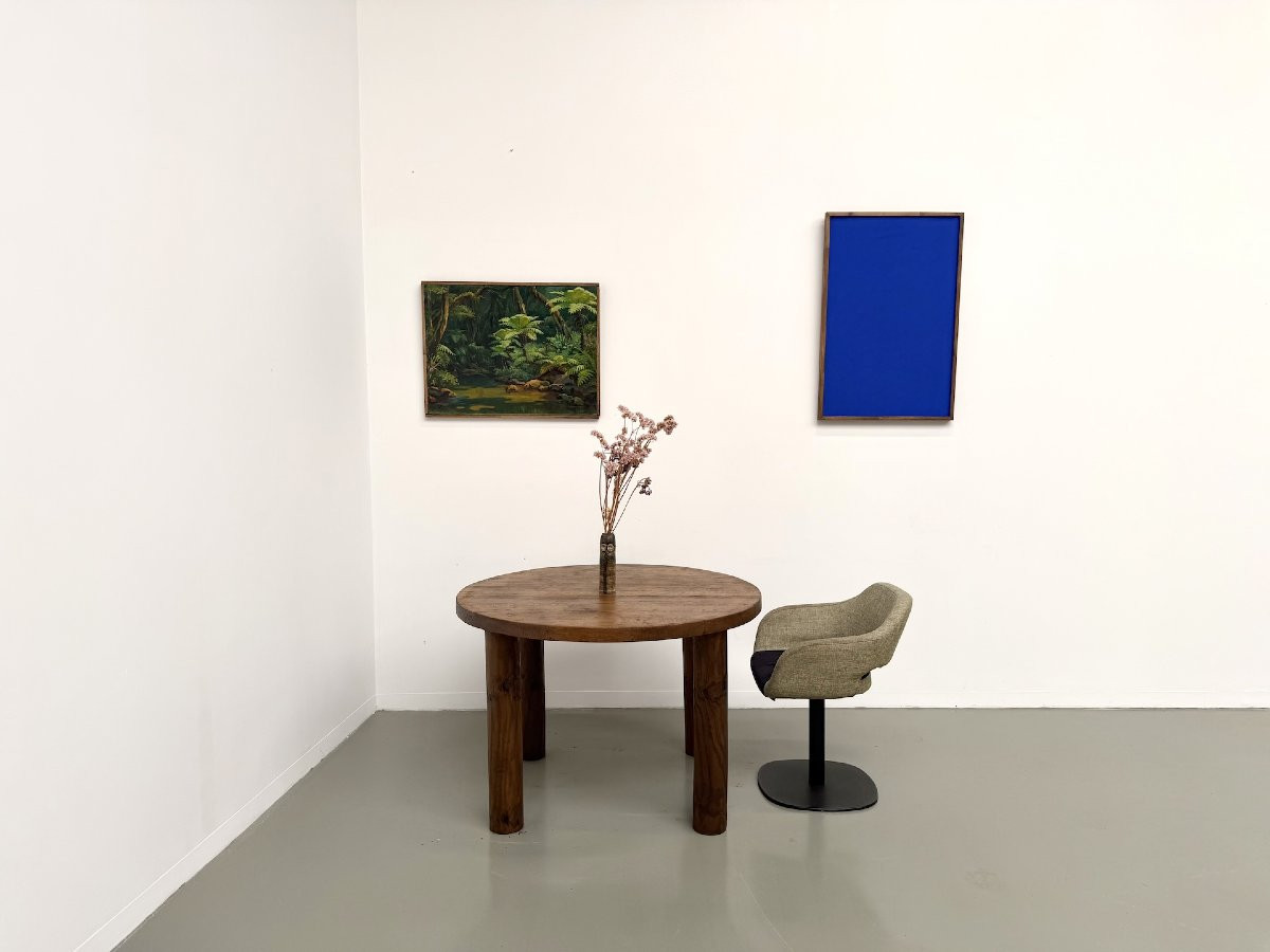 Round Modernist Table In Solid Oak, Cylindrical Pine Base, Dlg Perriand, Chapo, 1950s-photo-4