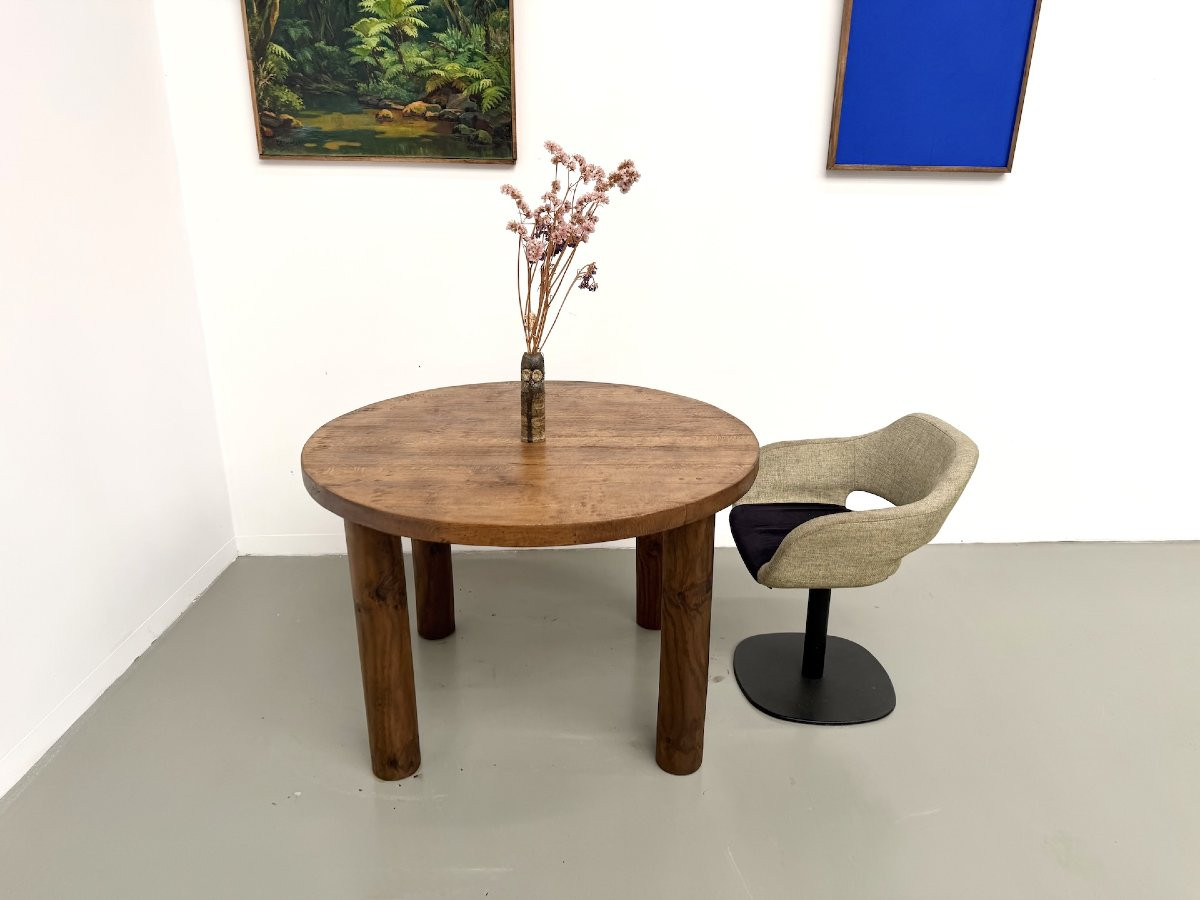 Round Modernist Table In Solid Oak, Cylindrical Pine Base, Dlg Perriand, Chapo, 1950s-photo-1