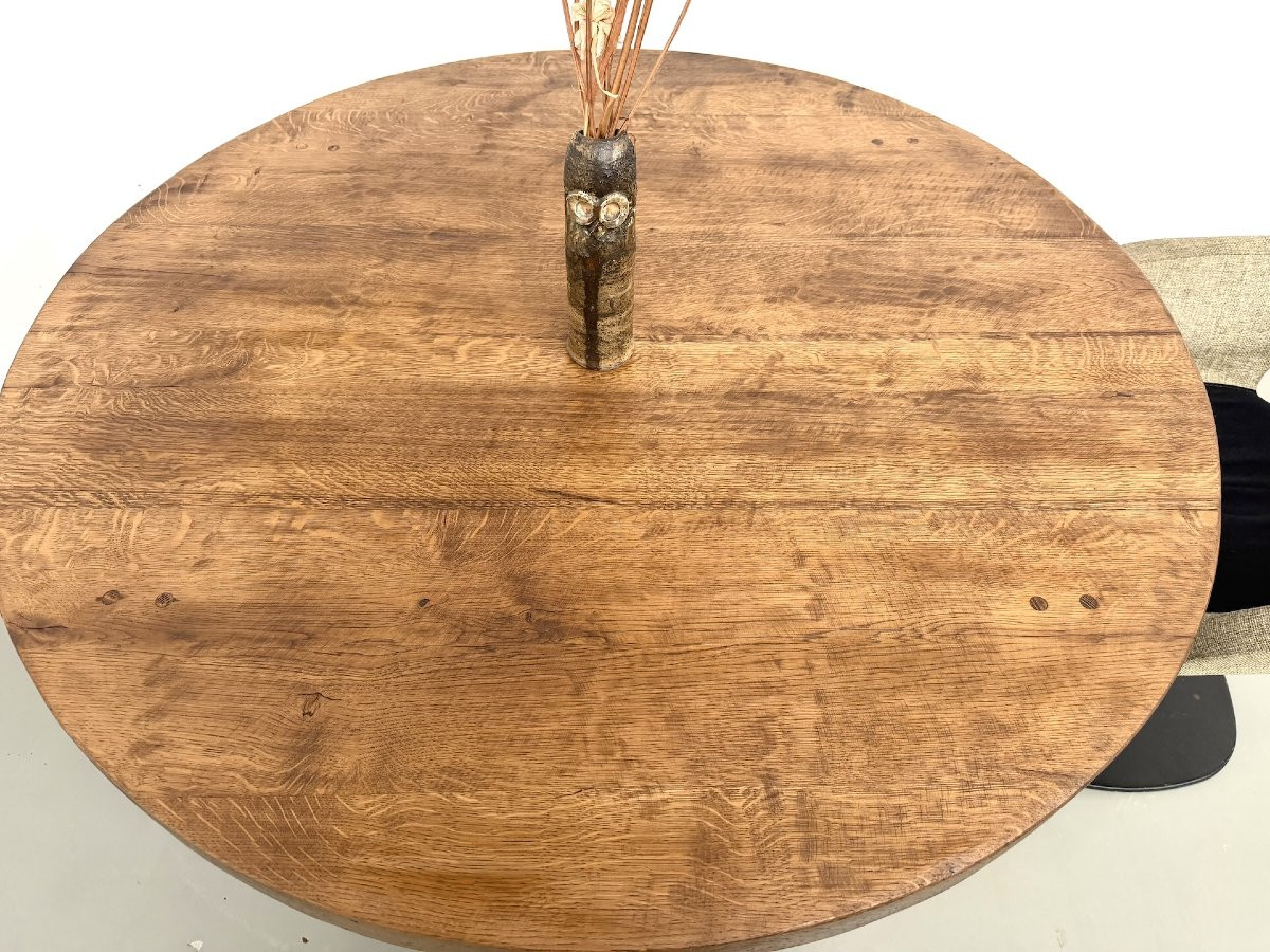 Round Modernist Table In Solid Oak, Cylindrical Pine Base, Dlg Perriand, Chapo, 1950s-photo-3