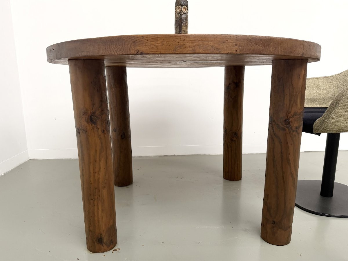 Round Modernist Table In Solid Oak, Cylindrical Pine Base, Dlg Perriand, Chapo, 1950s-photo-7