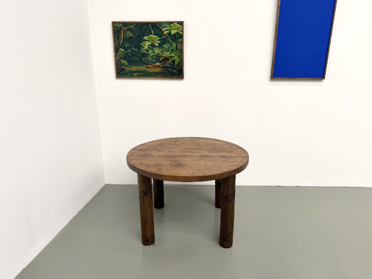 Round Modernist Table In Solid Oak, Cylindrical Pine Base, Dlg Perriand, Chapo, 1950s