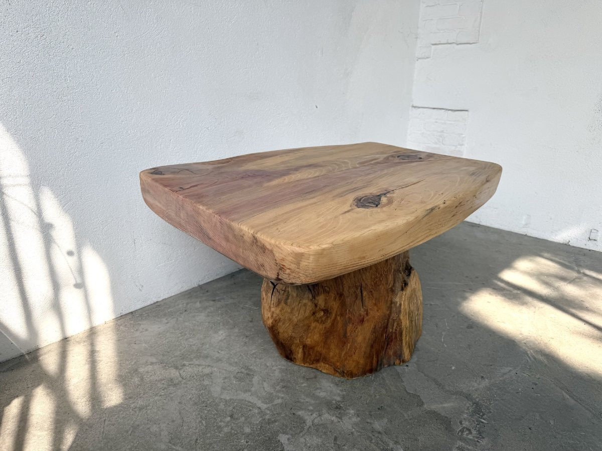 Organic Brutalist Coffee Table In Solid Cedar, Log Pedestal, 1970s-photo-1