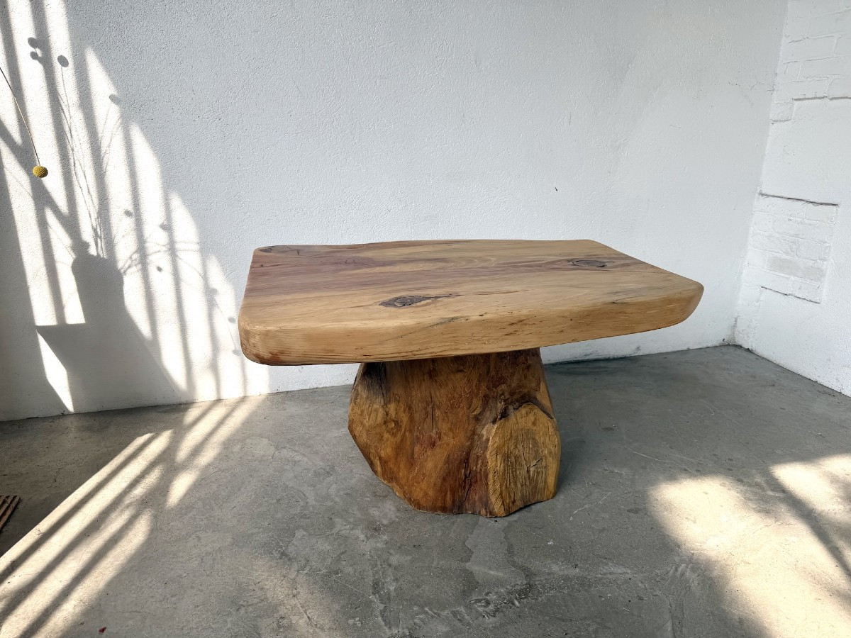 Organic Brutalist Coffee Table In Solid Cedar, Log Pedestal, 1970s