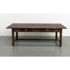 Table de ferme française authentique de 1890 en chêne massif à deux tiroirs