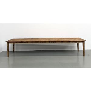 Grande table de ferme XXL en pin massif et pieds fuseaux années 50