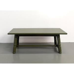 Table à manger laquée vert olive glossy — DLG Georges Robert, Circa 1970
