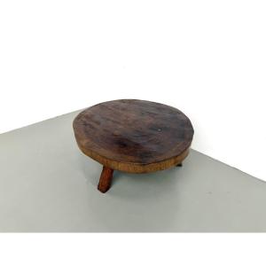 Brutalist Coffee Table In Solid Teak, Monolithic Slab, Tripod Base, 1950s