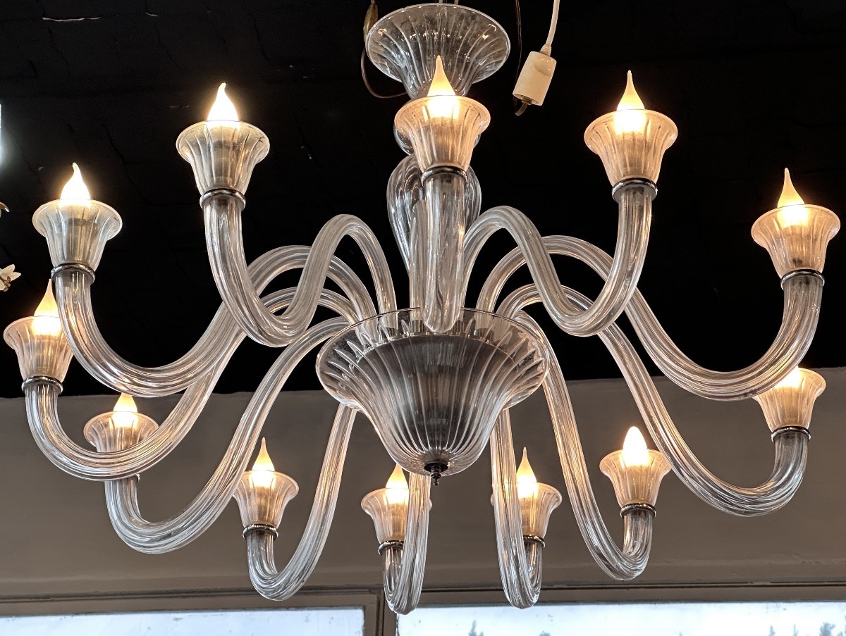 Large Italian Murano Glass Chandelier With 12 Arms