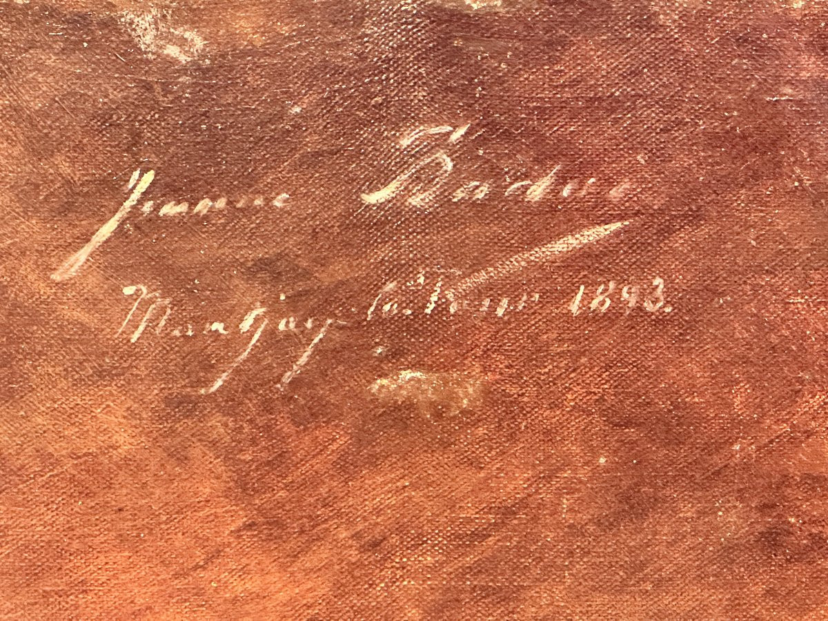 Oil On Canvas Signed J. Badie, "la Peleuse De Pommes" Or "woman Peeling Apples" Dated 1893-photo-3