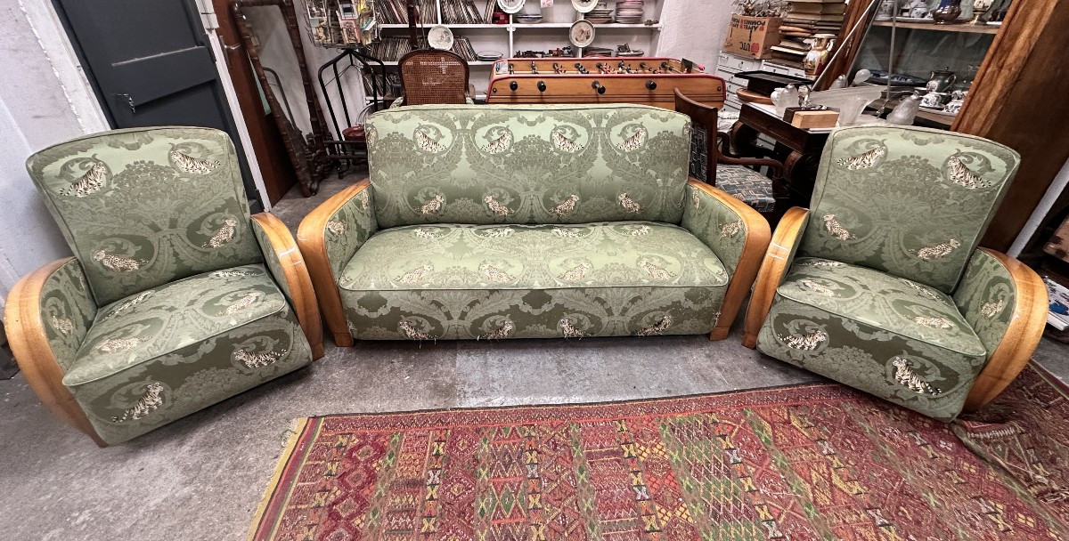 Ensemble de Salon Art Déco / Années 40 en Velours Façonné à Motifs Félins