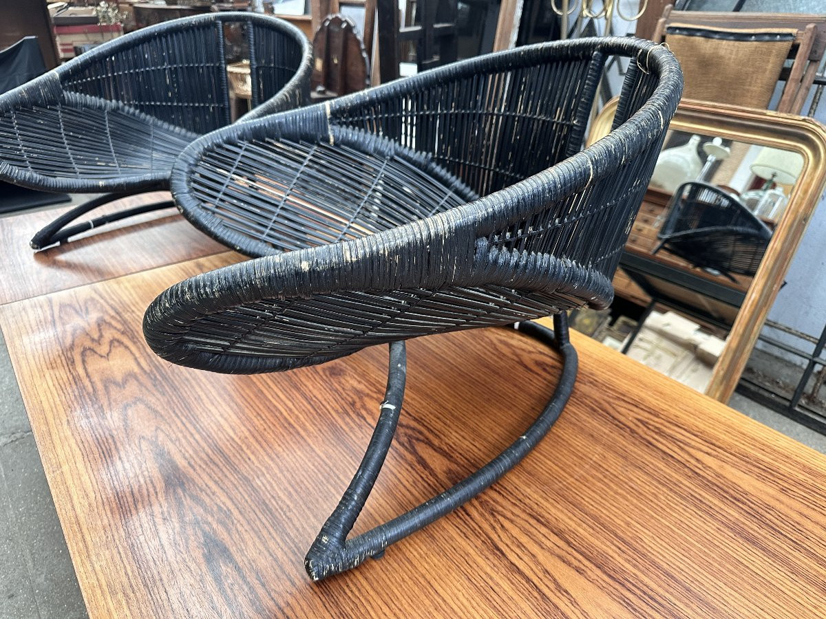 Pair Of Vintage Black Wicker Armchairs - 1950-photo-2