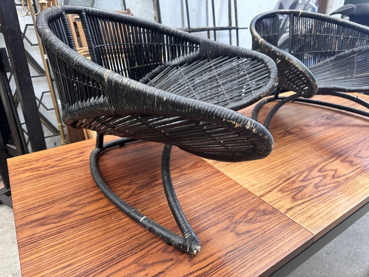 Pair Of Vintage Black Wicker Armchairs - 1950-photo-3