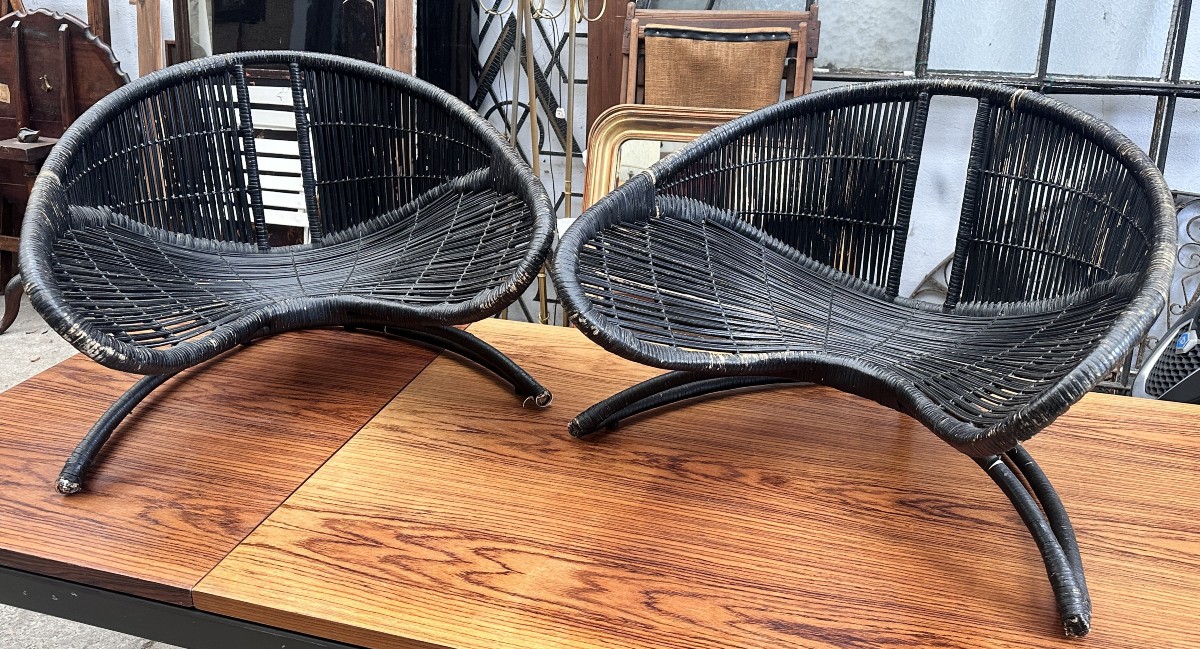 Pair Of Vintage Black Wicker Armchairs - 1950