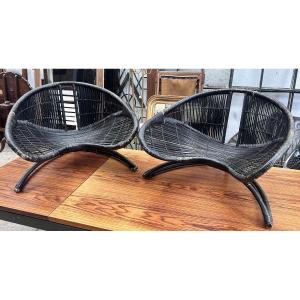 Pair Of Vintage Black Wicker Armchairs - 1950
