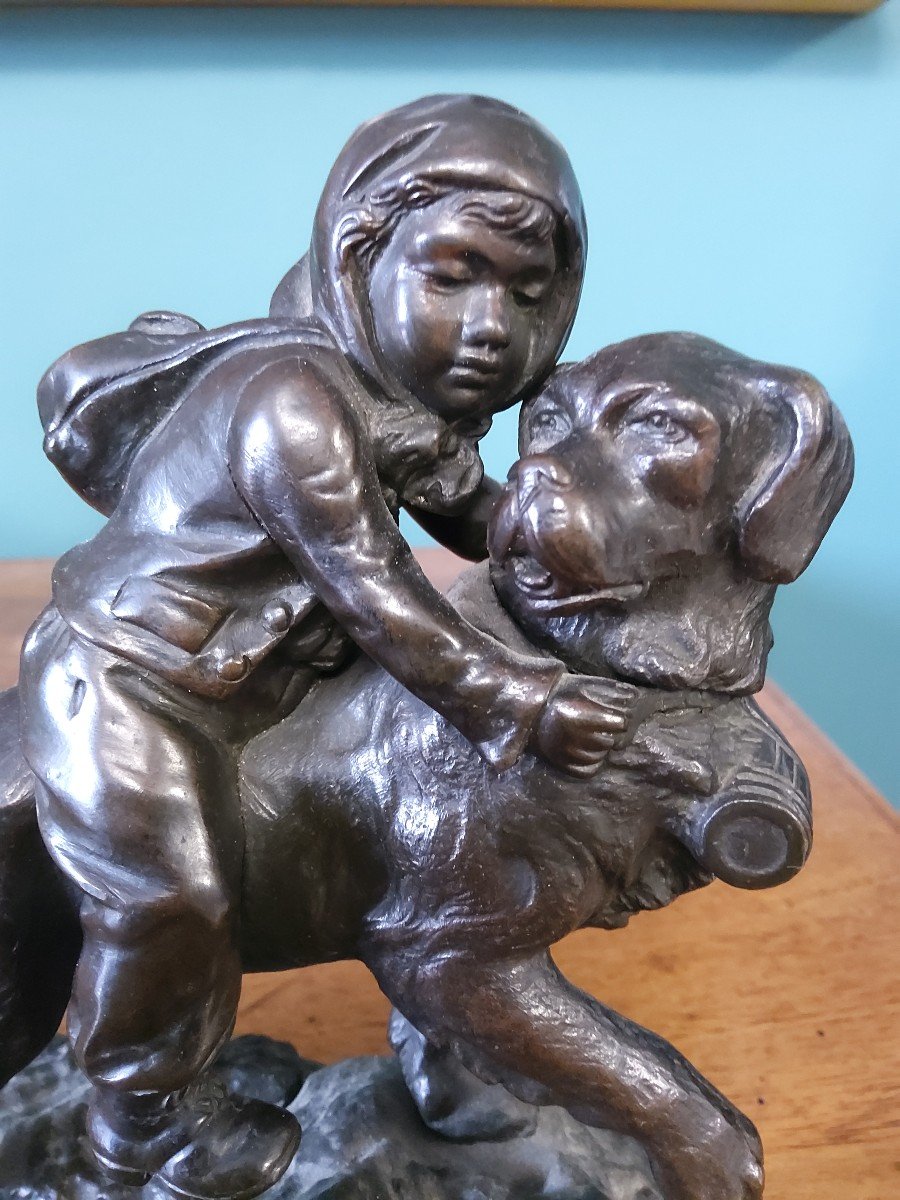 Bronze "child With Saint Bernard" By Gaudez-photo-3