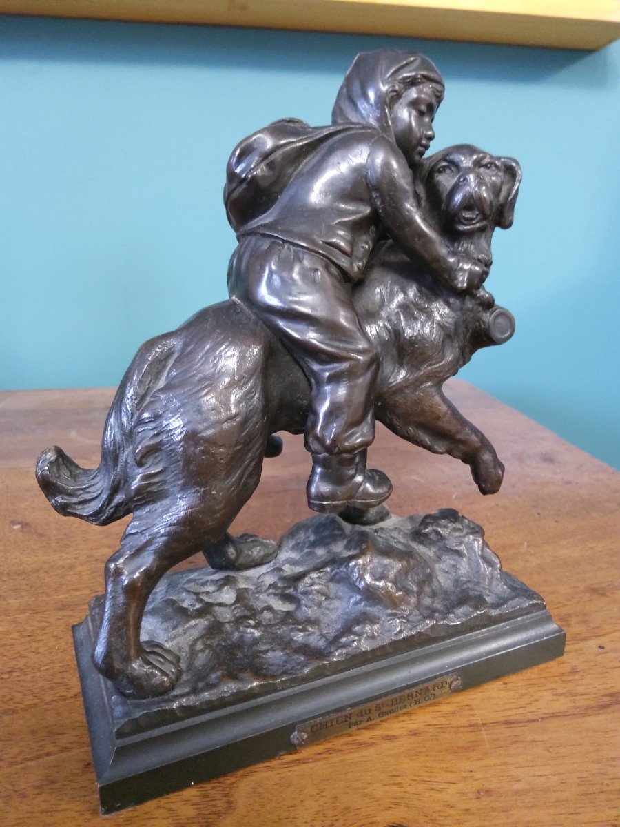 Bronze " Enfant Au Saint Bernard " Par Gaudez-photo-2