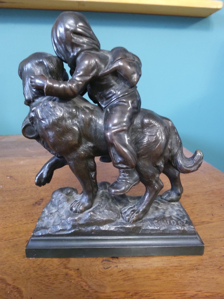 Bronze " Enfant Au Saint Bernard " Par Gaudez-photo-4