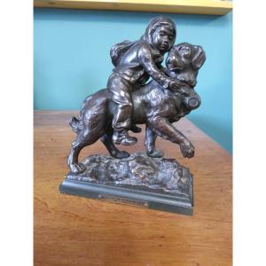 Bronze "child With Saint Bernard" By Gaudez