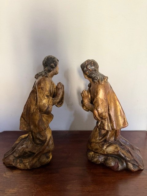 Pair Of Carved Wooden Adoring Angels, 17th Century-photo-2