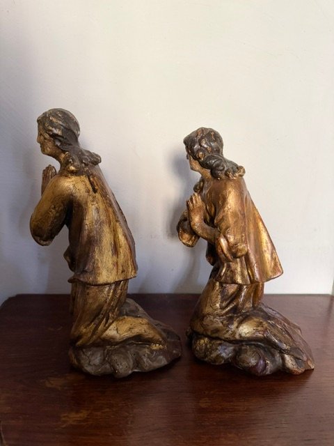 Pair Of Carved Wooden Adoring Angels, 17th Century-photo-1