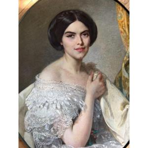 Portrait d'une jeune femme en tenue de bal, par AIM&Eacute;-HENRI-EDMOND SEWRIN-BASSOMPIERRE (1809-1896)