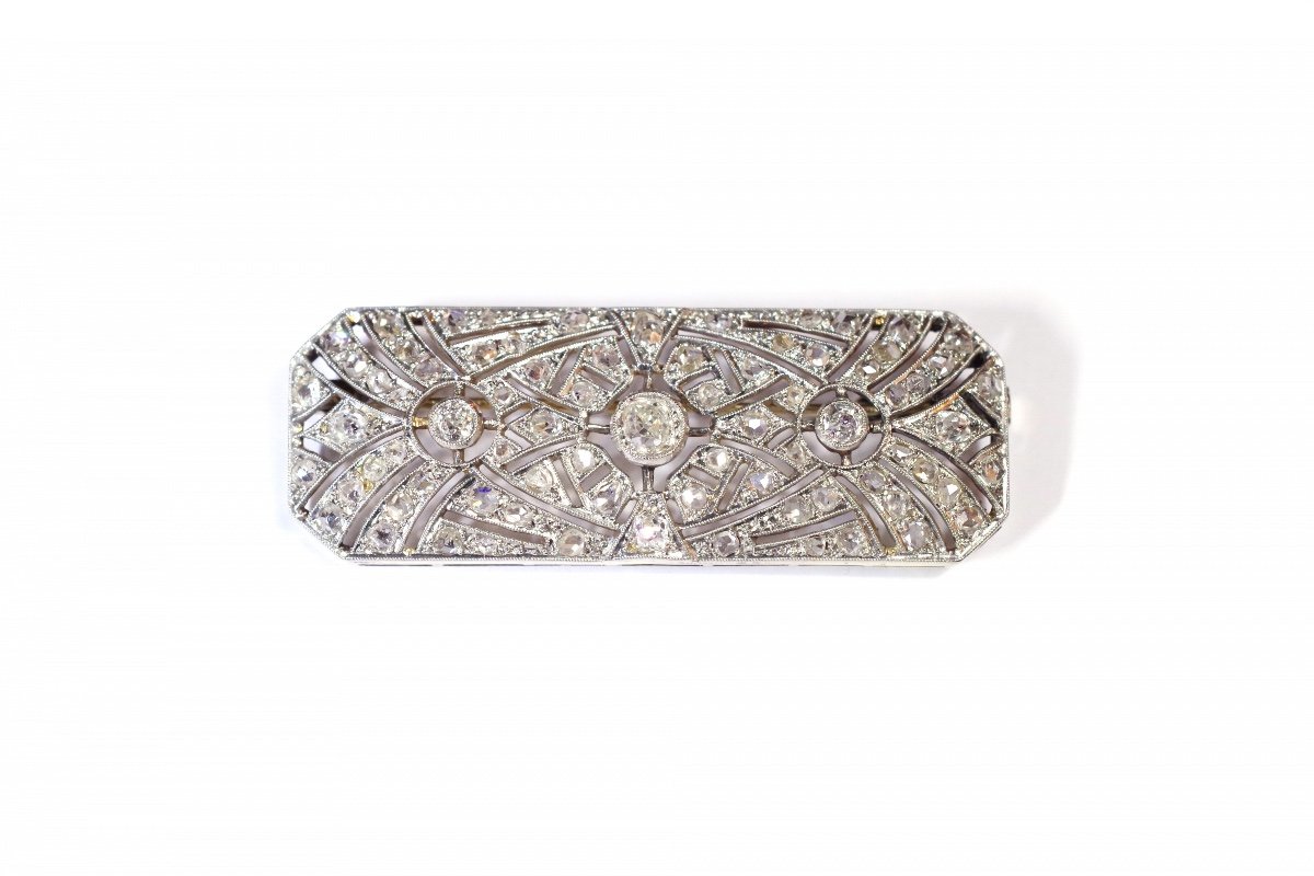 Broche Art Deco En Platine Et Or Blanc 18 Karats, Diamants Taille Rose, Broche Geometrique-photo-3