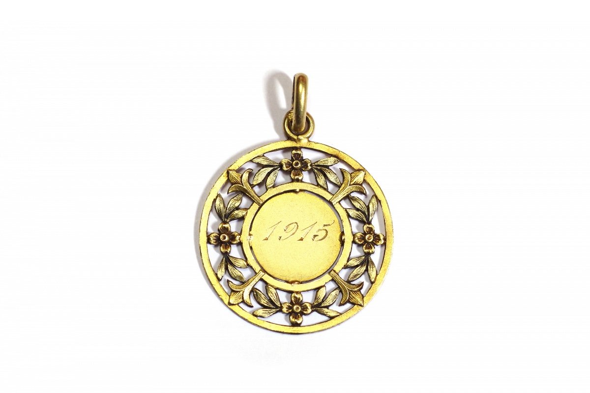 Médaille Ancienne Art Nouveau En Or 18k, Pendentif Ancien, Fleurs, Médaille Blessés De Guerre-photo-2