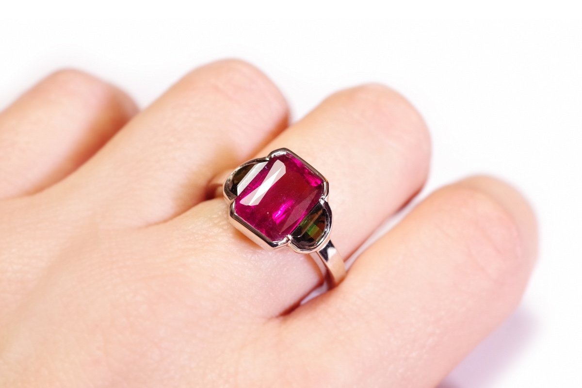 Bague Tourmaline Trilogie En Or Blanc 18k, Bague Rubellite Et Verd&eacute;lite, Bague Vintage-photo-4