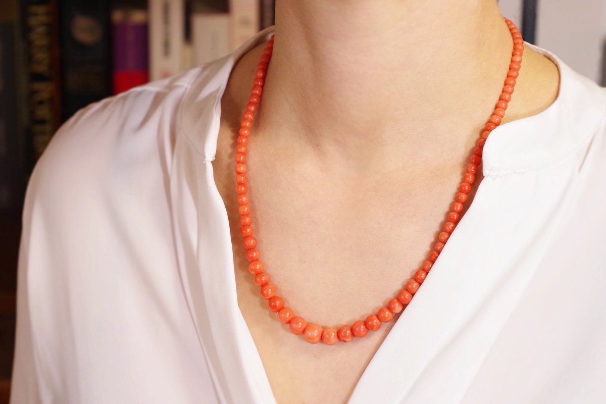 Collier Ancien Perles De Corail, Fermoir En Or 18k, Collier Vintage Perles, Bijou Ancien-photo-2