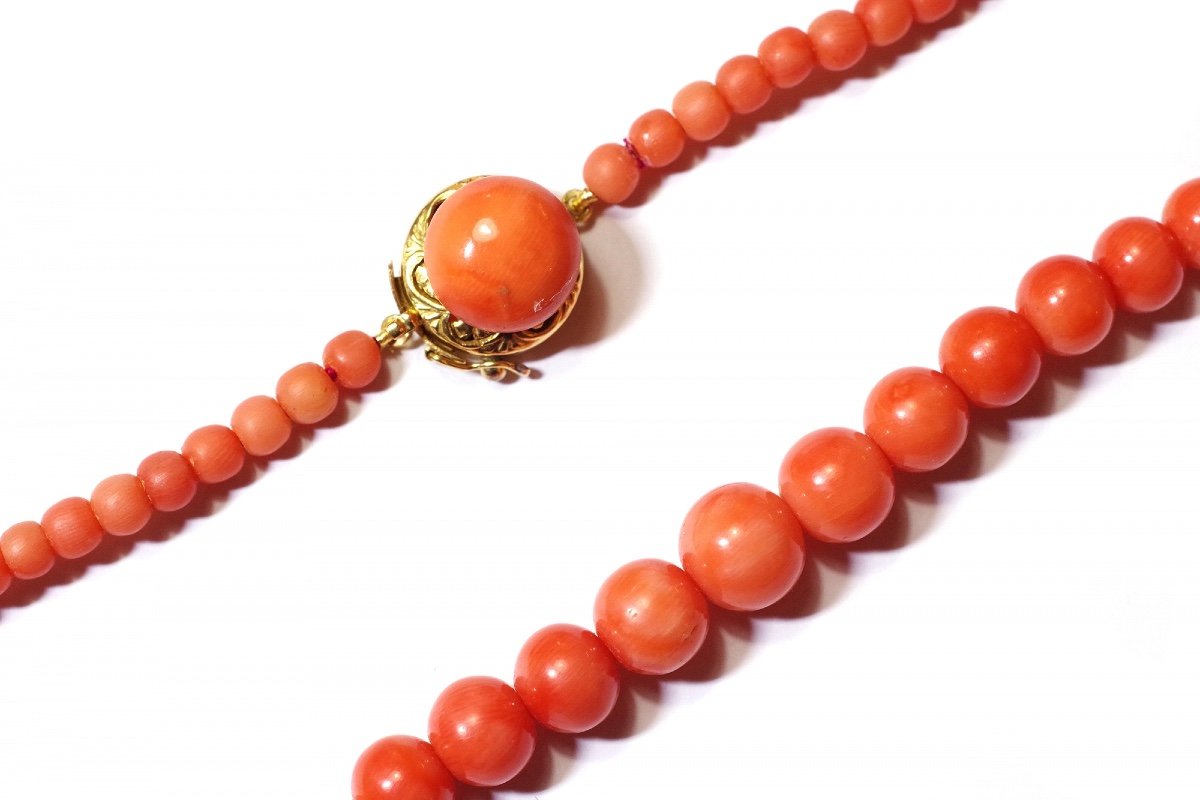 Collier Ancien Perles De Corail, Fermoir En Or 18k, Collier Vintage Perles, Bijou Ancien-photo-3