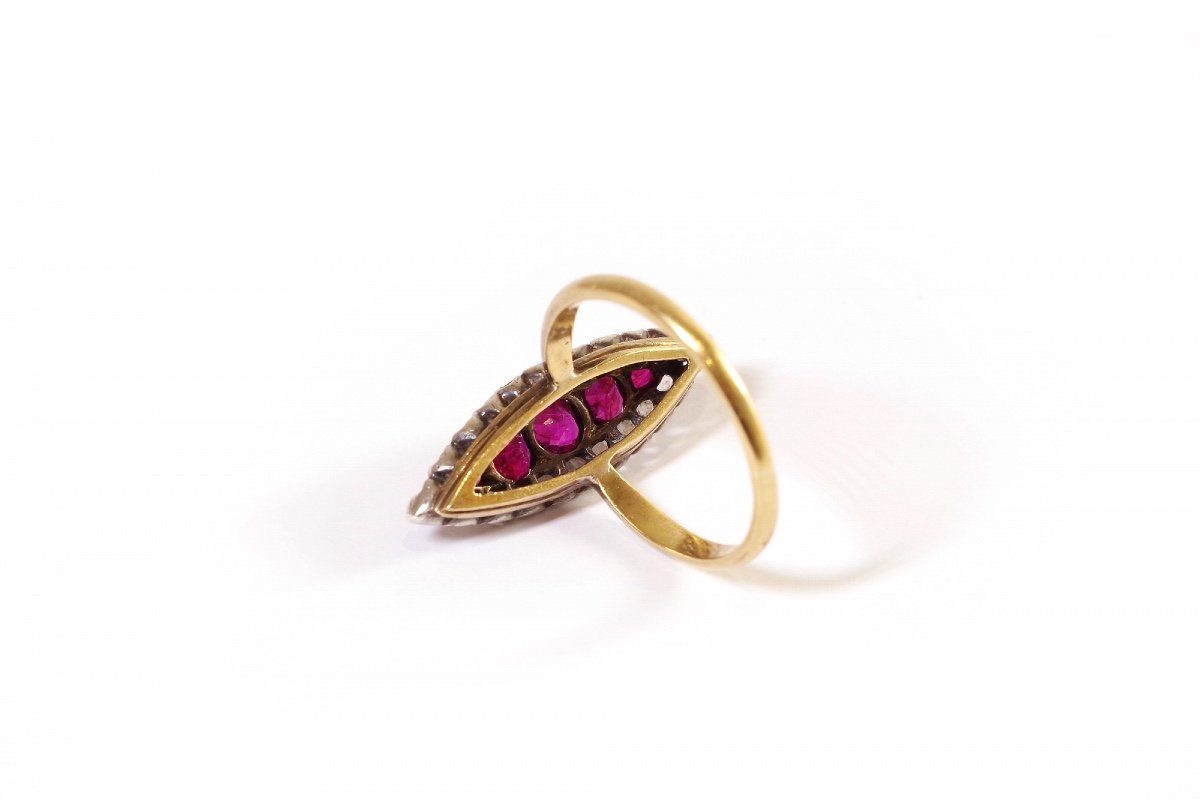 Bague Marquise Rubis Et Diamants En Or 18k Et Argent, Bague Navette Ancienne, Taille Rose-photo-1