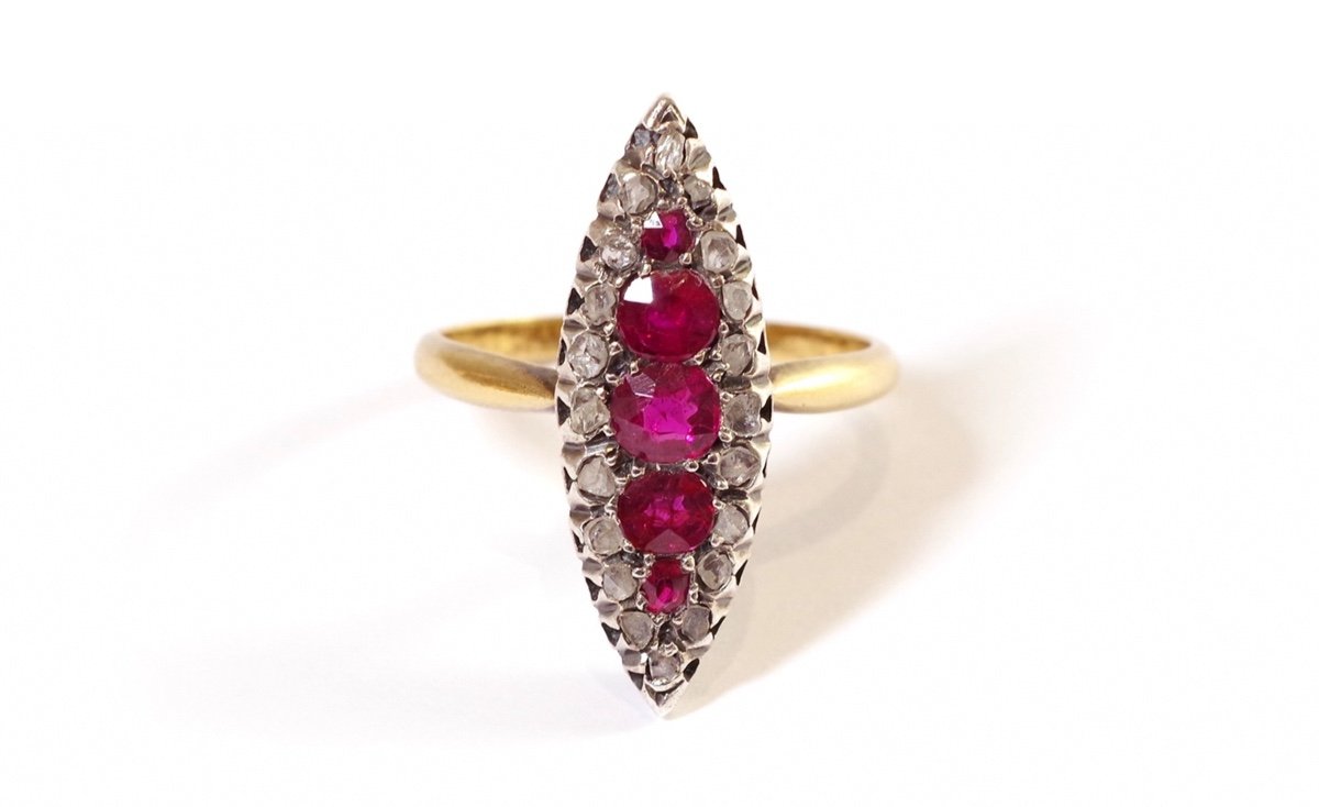 Bague Marquise Rubis Et Diamants En Or 18k Et Argent, Bague Navette Ancienne, Taille Rose