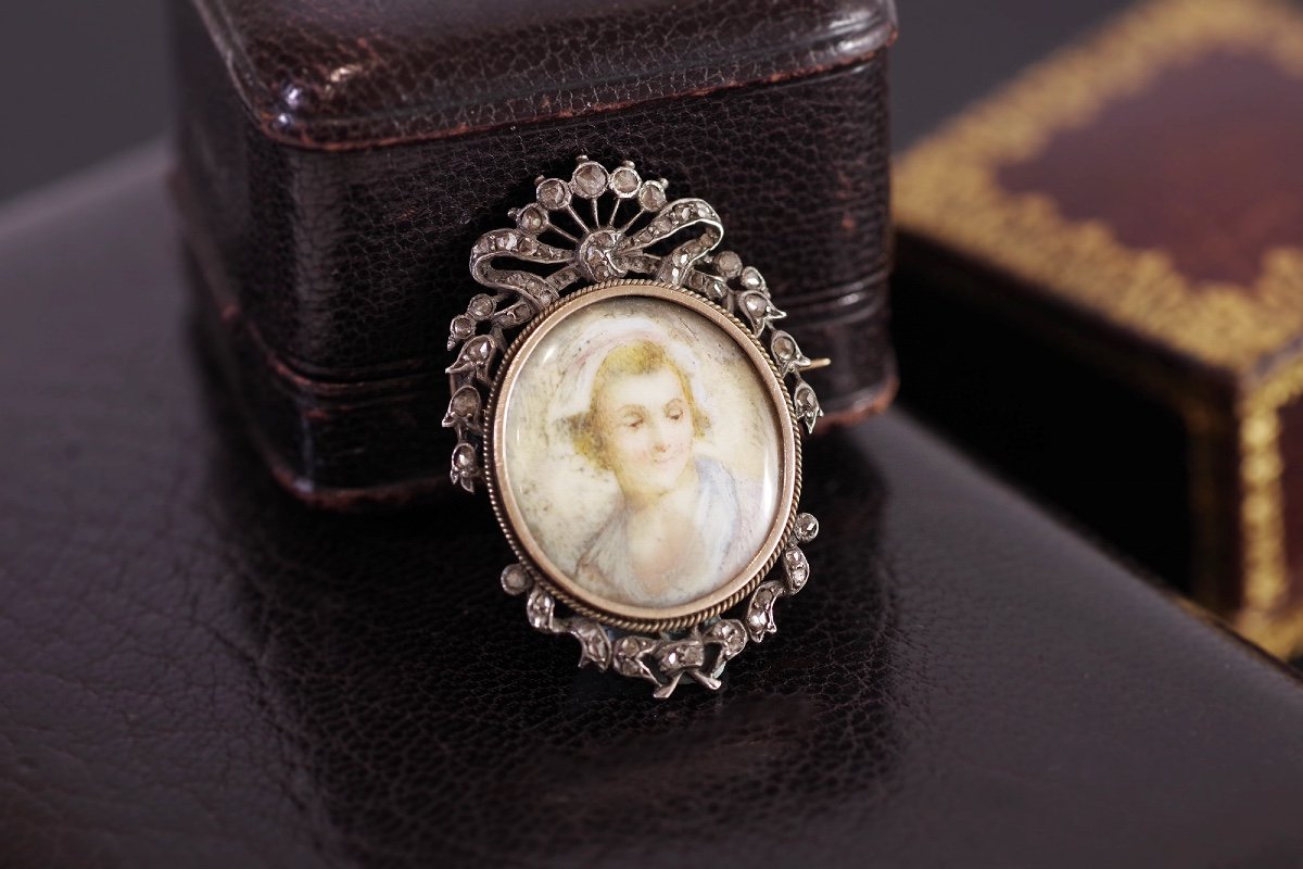 Broche Ancienne Portrait Diamants En Argent Et Or 18k, Broche Portrait De Dame, Miniature-photo-2