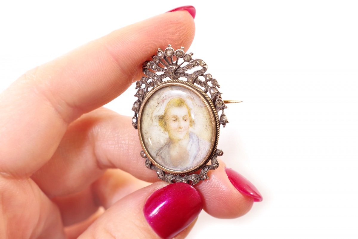 Broche Ancienne Portrait Diamants En Argent Et Or 18k, Broche Portrait De Dame, Miniature-photo-4