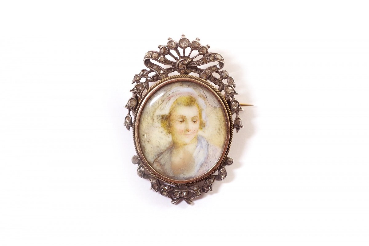 Broche Ancienne Portrait Diamants En Argent Et Or 18k, Broche Portrait De Dame, Miniature-photo-1