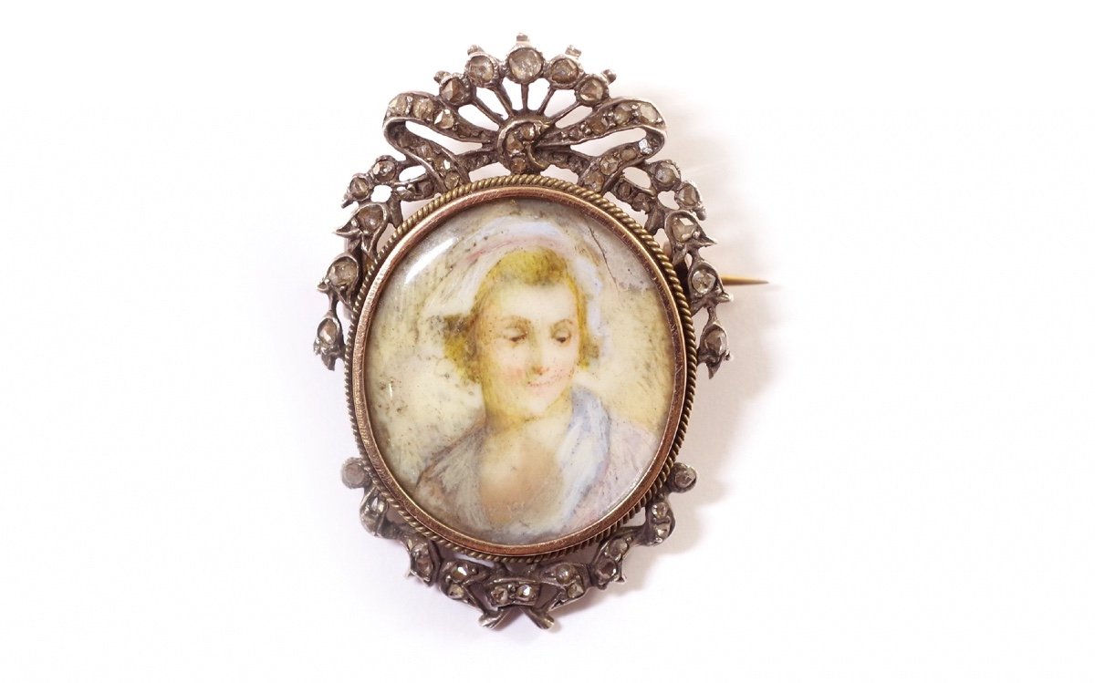 Broche Ancienne Portrait Diamants En Argent Et Or 18k, Broche Portrait De Dame, Miniature